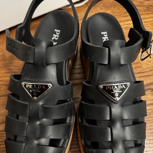 Prada Prada Black Rubber Monolith Platform Cork Sandals - Picture 3 of 12